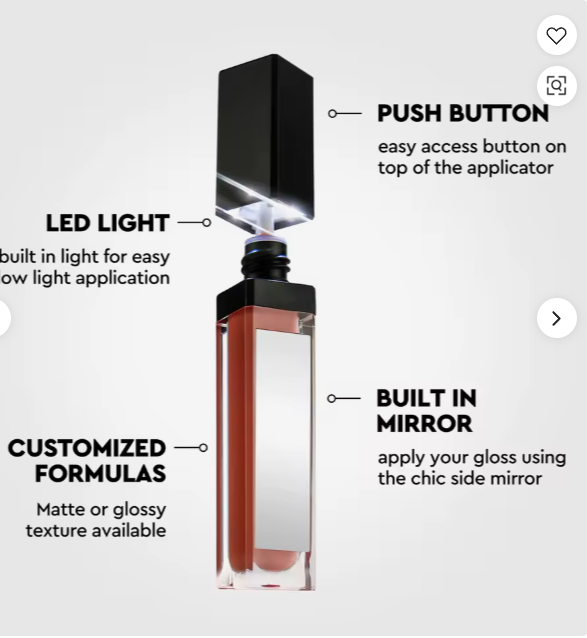Diagram highlighting the lip gloss LED light, push button and built-in mirror